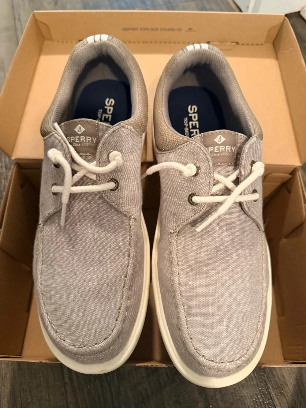Sperry Light Gray Canvas Boat Shoes with White Laces